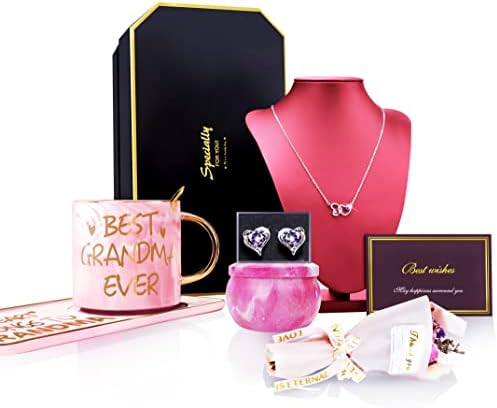 Grandma Gifts -Thank You Gifts Basket for Grandmother, Grammy Ideas for Birthday Mothers Day Christmas Include Silver Heart Necklace Earrings Coffee Mug Set Candle Flower New Grandma Gifts First Time