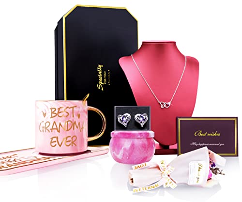 Grandma Gifts -Thank You Gifts Basket For Grandmother, Grammy Ideas For Birthday Mothers Day Christmas Include Silver Heart Necklace Earrings Coffee Mug Set Candle Flower New Grandma Gifts First Time #TOP1