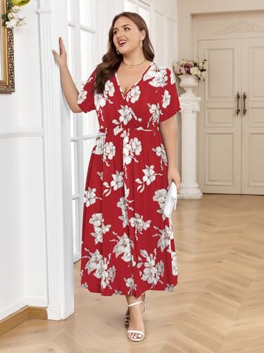 Image of BELAROI Womens Plus Size Maxi Dress Summer Wrap V Neck Flowy Long Sundress Beach Dresses with Pockets