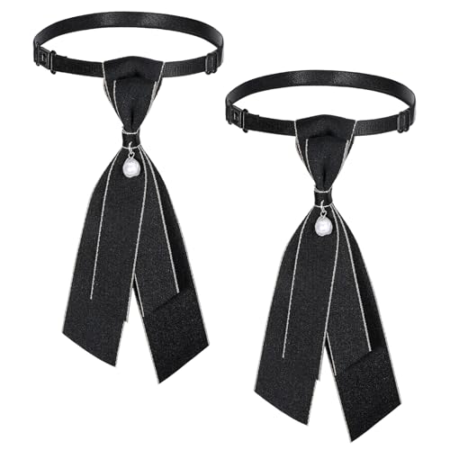 2 Pcs Bow Tie for Women Adjustable Womens Tie Girls Uniform Ties Pre Tied Womens Necktie with Pearl Embellishment Accessory for Shirt Cosplay School Formal Events (Black)