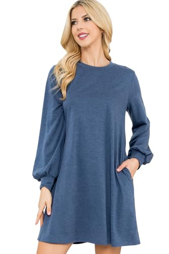 RIAH FASHION Comfy Long Sleeve Dress - Women's Casual Pocket Maternity Dresses, Hacci, French Terry (Medium, Long Puff Sleeve French Terry - Heater Navy)