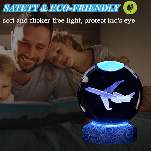 Image of Planes Night Light, Aviation Gifts, 3D Crystal Ball 3.15 Inch (80mm) Airplane Night Light with Remote, Pilot Lamps with 16 Color for Birthday Xmas Cool Figurines Gifts for Room Decor Boys Girls