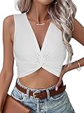 Vrtige Women's Twist Front V Neck Ribbed Knit Sleeveless Sexy Cami Tank Crop Top Solid White Large