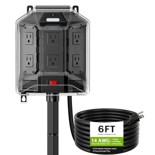 6FT Outdoor Power Stake with 6 Outlets, Weatherproof Cover