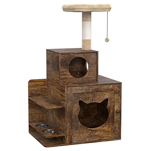 Bodato Cat Litter Box Enclosure With Cat Tree Tower And Condo, Litter Box Furniture Hidden, Indoor Kitty House With Sisal Scratching Posts And Food Station- Brown #TOP7