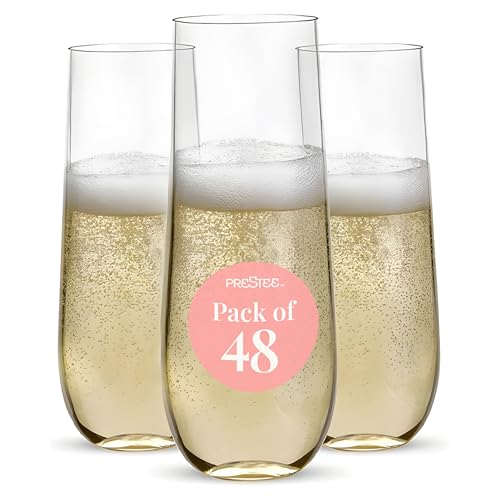 Prestee 48 Pack Plastic Champagne Flutes 9 oz - Stemless Disposable Champagne Flutes for Cocktails Mimosa Bar and Party Supplies - Clear Shatterproof Plastic Wine Glasses for Wedding and Summer Party