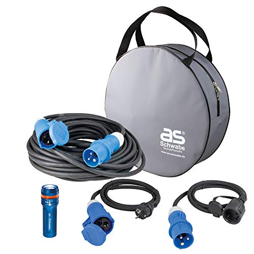 as - Schwabe Camping Team – 5-delige set: 25 m verlengkabel, 2 x 1,5 m adapterkabel, 1 x krachtige led-zaklamp XT1 & 1 x bescherming tegen alle weersomstandigheden – Made in Germany I 19701