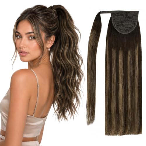Full Shine Human Hair Ponytail Extensions, Mocha Brown Hair Added Volume