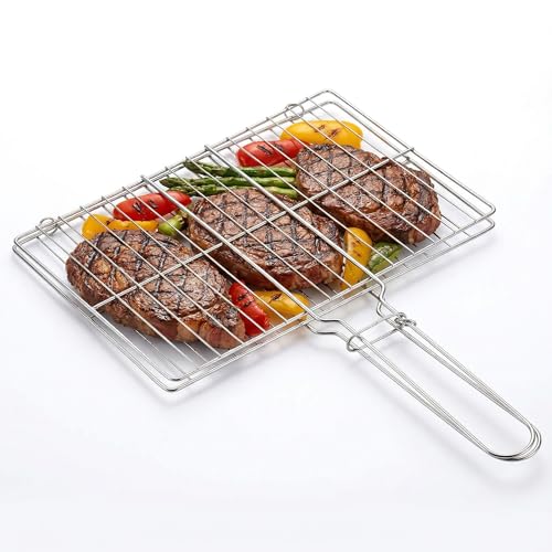 Stainless Steel Fish Grill Basket for Outdoor BBQ, Heavy Duty Lockable Grilling Rack for Fish Vegetables Steak Veggies Shrimp Meat, Portable Campfire Cooking Mesh Grate Tool, 12 x 8 Inch