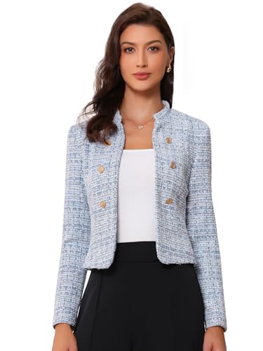 Allegra K Vintage Tweed Jackets for Womens Stand Collar Business Open Front Cropped Blazer Jacket Medium Blue