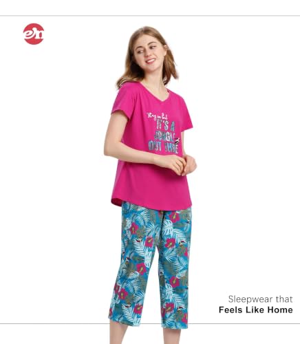 Image of ENJOYNIGHT Womens Pajama Sets Cotton Pj Set Short Sleeve Top With Capri Pants Sleepwear 2 Piece Lounge Set