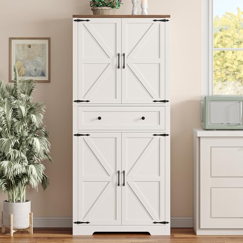 71\" Tall Kitchen Pantry Storage Cabinet with Barn Doors and Shelves, White Farmhouse Linen Storage Cabinet With Drawers, Free standing Food Pantry Cabinets for Kitchen, Dining Room, Living Room - Thumbnail 5