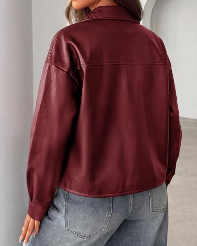 PRETTYGADEN Women's Button Down Faux Leather Jacket,Burgundy,Large — view 5