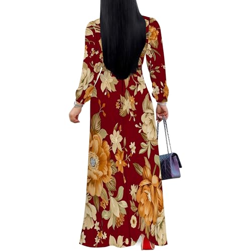 Image of Women Plus Size Long Sleeve V Neck Maxi Dress with Belt | Soft fabric relaxed fit three quarter sleeve v neck with pockets for party and daily wear