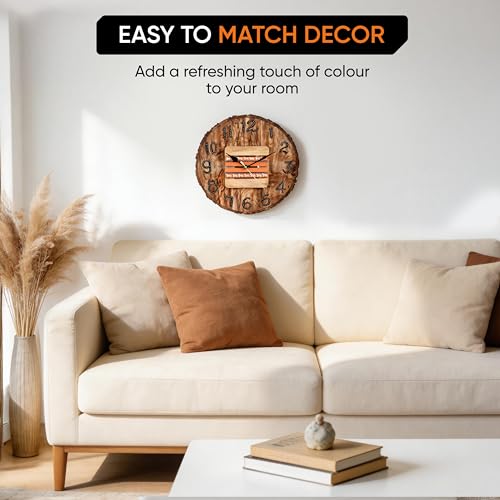 Image of AAKRITI ART CREATIONS Wall Clock Handcrafted Wooden Log Dial Natural Brown | Wall Clock for Home, Home Decoration | Warli Art Wall Hanging, Lightweight Mango Wood wall Decor | Matte Finish Wooden