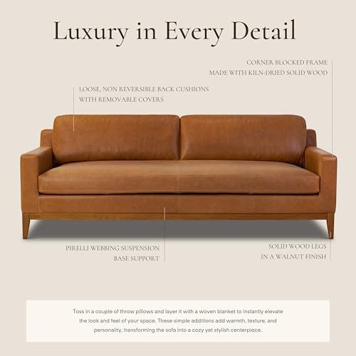 Image of POLY & BARK Zyon 90 inch Sofa - Saddle Tan Full-Grain Pure-Aniline Italian Leather, Feather-Down Cushions, Solid Wood Base & Legs, Mid-Century Modern Design