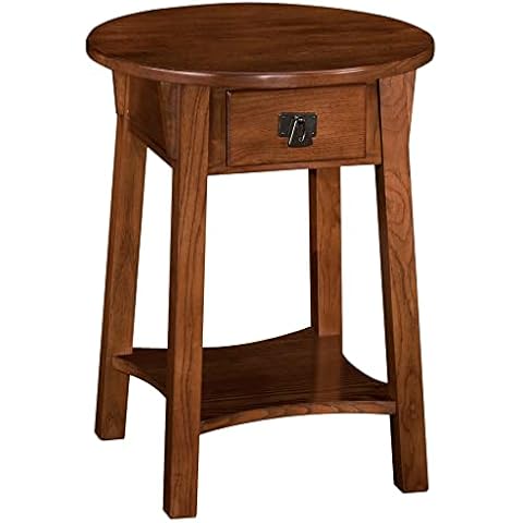 Leick Home 9056-RS Mission Round End Table with Drawer, Made with Solid Wood, Side Table for Living Room, Bedroom, and Office, Russet Finish Cover