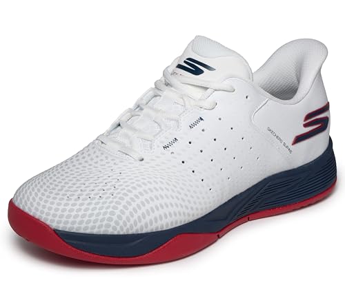Skechers Men's Viper Court Reload Hands Free Slip-Ins Pickleball Sneaker, White/Navy/Red, 13