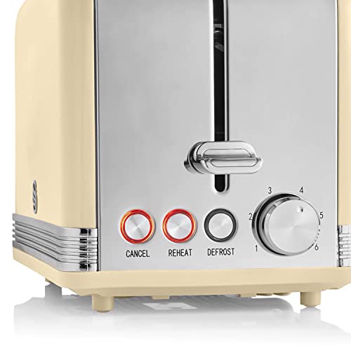 Swan Retro Set Frühstückswasserkocher 1,8L Kabelloser Wasserkocher mit Edelstahl-Heizelement, 2 Scheiben Breitschlitz-Brottoaster, 6-Stufiger Toastregler, Vintage Design, Creme