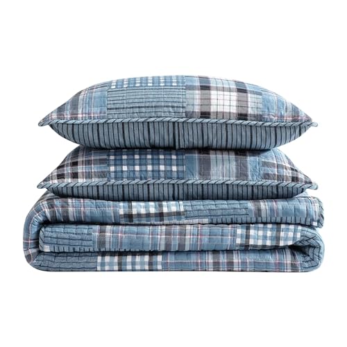 Image of Eddie Bauer - Queen Quilt Set, Reversible Cotton Bedding with Matching Shams, Patchwork Plaid Bedding Set (Hawthorne Blue, Queen)