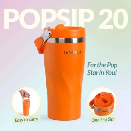 Image of Nestasia PopSip20 Stainless Steel Kids Tumbler (590 ml) - Insulated Sipper with Built-in Straw, Top Handle & Leakproof Lid | Water Bottle with Embossed Design for Adults, Travel & Gym (Tangerine Pop)