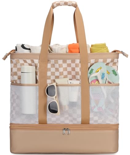 Octsky Beach Bags with Cooler Women Beach Tote Bag Waterproof Sandproof Zipper Large Pool Bag 9 Pockets, Brown