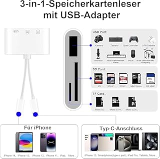 [Apple MFi Certified] Lecteur Carte SD pour iPhone, Lightning USB C Adaptateur Carte SD pour SD/Micro SD/USB, Adaptateur SD pour iPhone 16/15, iPad, MacBook, Galaxy S24/S23, Huawei, Xiaomi, Caméra