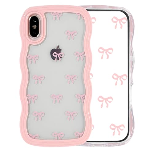 Riccase for iPhone X Case iPhone XS Phone Case Bow Curly Wave Frame Phone Case Shockproof Clear Soft Transparent Silicone Protective Bumper Cover for Women Girls Pink