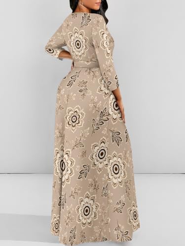 Image of Women Plus Size Long Sleeve V Neck Maxi Dress with Belt | Soft fabric relaxed fit three quarter sleeve v neck with pockets for party and daily wear