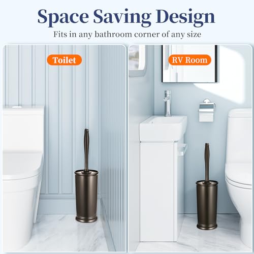Image of HAMITOR Toilet Bowl Brush Holder Set: 2 Pack Modern Deep Cleaning Bathroom Toilet Scrubber with Caddy for rv - Rim Decorative Accessories Cleaner Brushes for Toilet - Bronze1