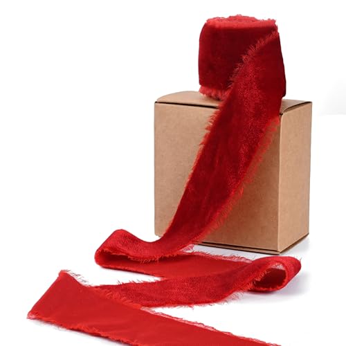 Simplegoal Red Frayed Velvet Ribbon for Gift Wrapping 2 Inch 3 Yards Velvet Ribbon for Christmas Decor Flower Bouquet DIY Craft Projects
