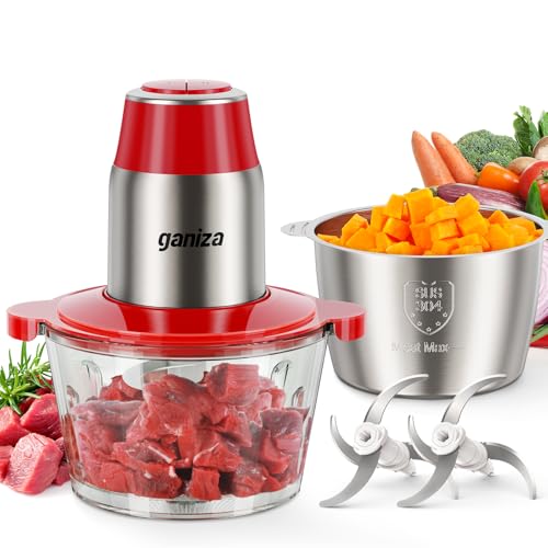 Ganiza Food Processors with 2 Bowls, 450W Meat Grinder Vegetable Chopper | 2-Speed Electric Food Chopper with 8 Cup Glass & 8 Cup Stainless Steel Bowls -Includes 2 Sets of Blades for Fruits/