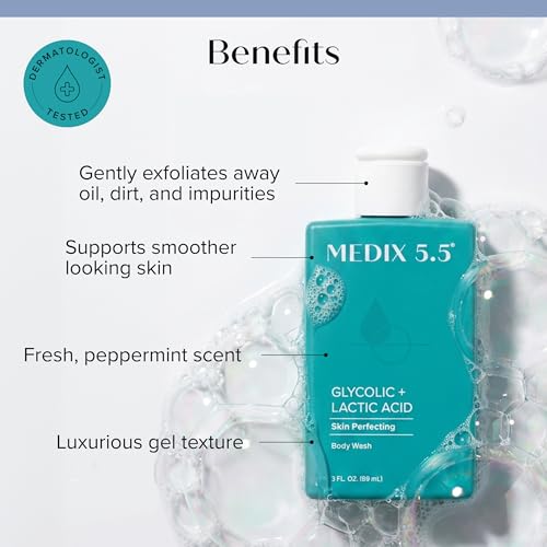 Image of Medix 5.5 Glycolic Acid + Lactic Acid Exfoliating Body Wash Gel, KP Bump Eraser, AHA Exfoliant Skin Care Body Cleanser, Keratosis Pilaris & Acne, Foaming Face Wash, 3 Fl Oz Travel Size, 3-Pack