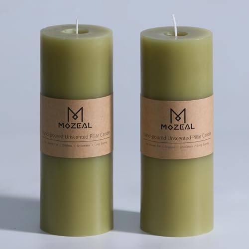 MOZEAL 3" x 8" Hand-Poured Unscented Large Candle, Smokeless Rustic Pillar Candle Set of 2, Slow Burn, No Drip, Approx 150 Hours Burning,Wedding,Dinner,Christmas and Home Decorative,Tall Olive Candle