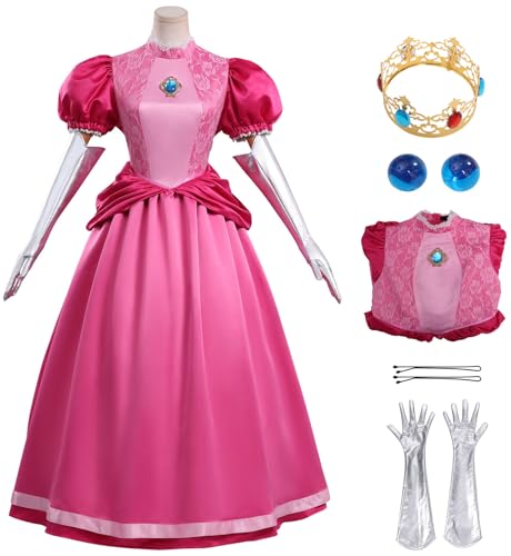 Robe Peach longue cosplay adulte avec gants couronne boucles oreilles