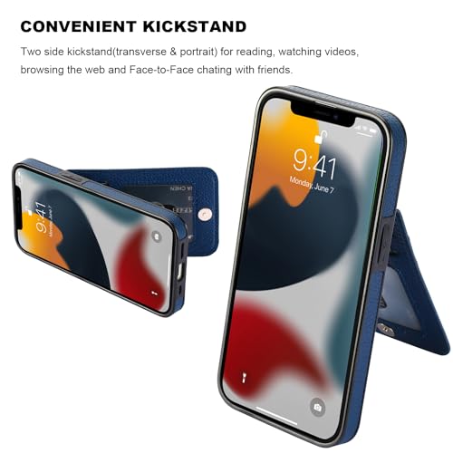 Image of KIHUWEY Compatible with iPhone 13 Case Wallet with Credit Card Holder, Premium Leather Magnetic Clasp Kickstand Heavy Duty Protective Cover for iPhone 13 6.1 inch (Lichee Blue)