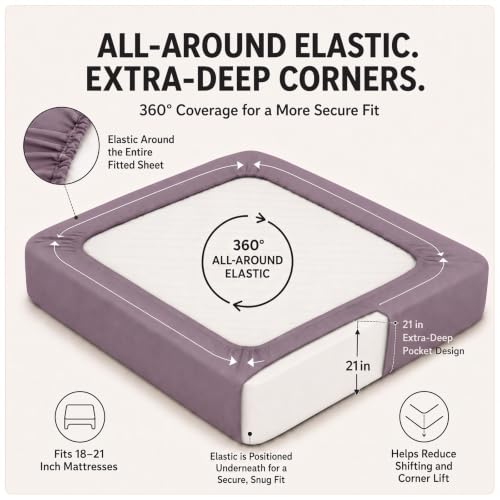 Image of CozyLux 6-Piece King Size Sheet Set, Fits 18-21 Inch Mattresses, Oeko-TEX | 4 Pillowcases, 1 Flat Sheet and 1 Fitted Sheet with All-Around Elastic and 21-Inch Deep Pocket for a Secure Fit, Dusty Purple