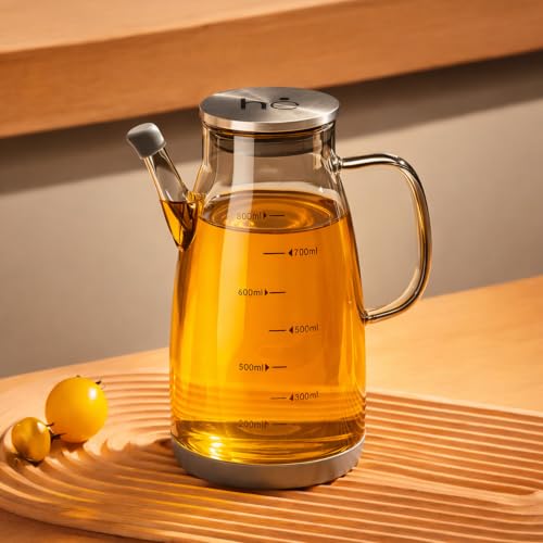 Image of HomeEssentials Glass Oil Dispenser Bottle with Measurement Markings | Auto Flip Lid Cruet with Non-Slip Handle | Leakproof & Drip-Free Oil and Vinegar Pourer for Kitchen Cooking