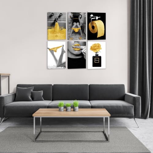 HoozGee Framed Bathroom Decor Fashion Wall Art Prints Built-in Wooden Frame Golden and Black Glam Canvas Posters Pictures Funny Bathroom Wall Decor (8"x12" FRAMED)