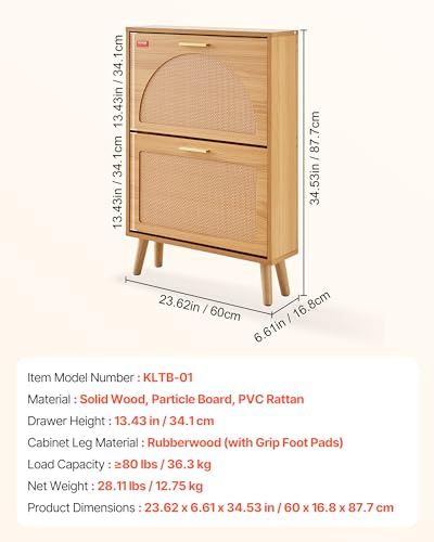 VEVOR Shoe Cabinet with 2 Flip Drawers, Shoe Storage Cabinet for Entryway, Free Standing Shoe Storage Organizer with Rattan