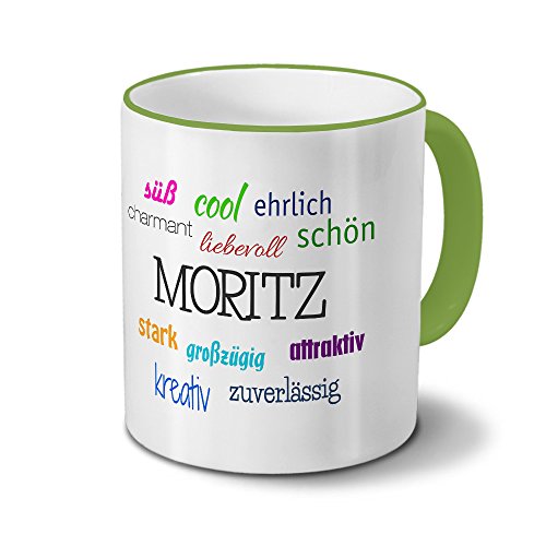 printplanet Tasse mit Namen Moritz - Positive Eigenschaften von Moritz - Namenstasse, Kaffeebecher, Mug, Becher, Kaffeetasse - Farbe Grün