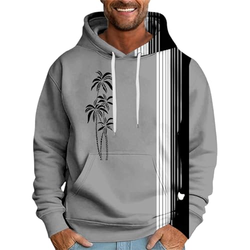 Men Fashion Long Sleeve Hooded Sweatshirt Palm Tree Print Oversized Travel Hoodie Stripes Loose Fit Outdoors Pullover - Main Image