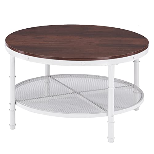 Vingli 31.5" Rustic Oak White Round Farmhouse Coffee Table, 2-Tier Storage Wood Center Circle Accent Table For Living Room, Bedroom, Apartment, Studio And Small Spaces, Sturdy Metal Frame #TOP2