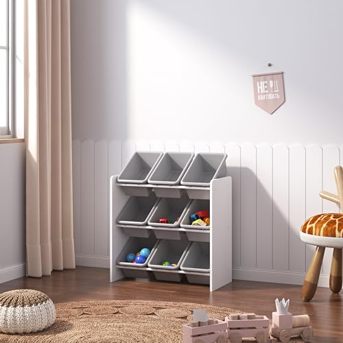 Duffy® Wooden Toy Storage Organiser for Children, with 9 BPA Free Plastic Removeable Storage Bins, Ideal for Storing Toys, Games, Books and Craft Supplies (White Wood With Grey Bins)
