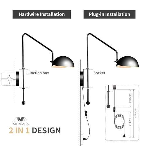 Image of Black Wall Sconce Set of 2 Plug in Swing Arm Wall Lamps Adjustable Modern Wall Mounted Sconce Light Fixture On /Off Switch Wall Sconce for Living Room Bedroom Vanity Study Desk Office