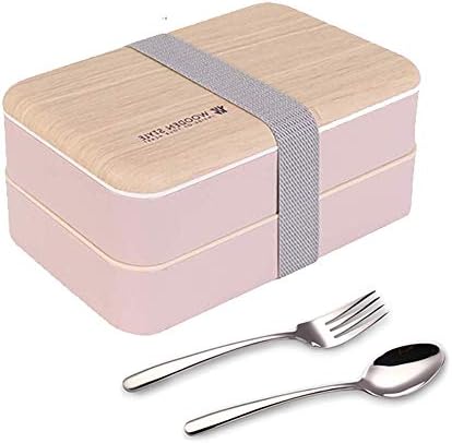 Original Bento Box Lunch Boxes Container Bundle Divider Japanese style with stainless steel Utensils spoon and fork (Pink)