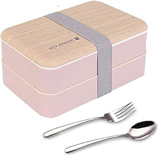 Original Bento Box Lunch Boxes Container Bundle Divider Japanese style with stainless steel Utensils spoon and fork (Pink)