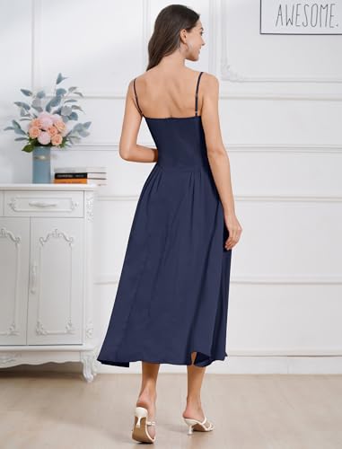 Image of ABEHIK Casual Dresses for Women Boho Spaghetti Strap Corset Midi Dress with Pockets Low Cut Flowy Pleated Bustier Sundress