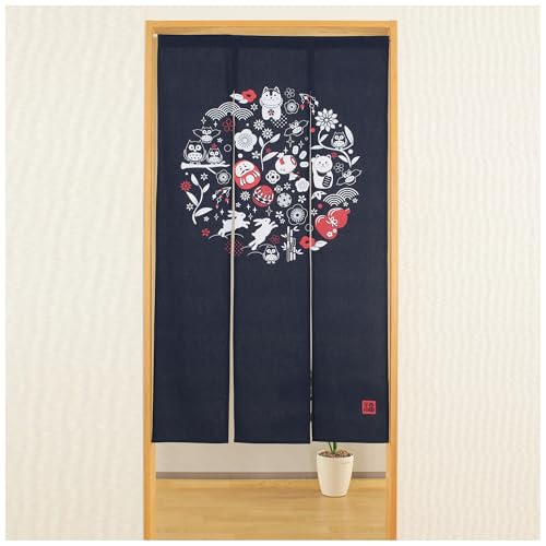 narunaru のれん ありがたや 丸だるま 招き猫 ふくろう うさぎ 松竹梅 椿 桜 ひょうたん 手毬 縁起物 3連 和風 和柄 暖簾 ノレン(サイズ：約85cm×高さ150cm 紺 ネイビー) 14-705 [2]