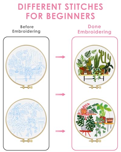 Image of TINDTOP Embroidery Kit for Adult, Embroidery Kit for Beginners | Include Embroidery Cloth Hoops Threads for Craft Lover Hand Stitch with Embroidery Skill Techniques (Cactus)